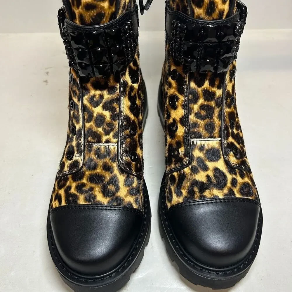Karl Lagerfeld Womens 7 M Leopard Print Cow Fur Maeva Combat Boots DISPLAY QY6